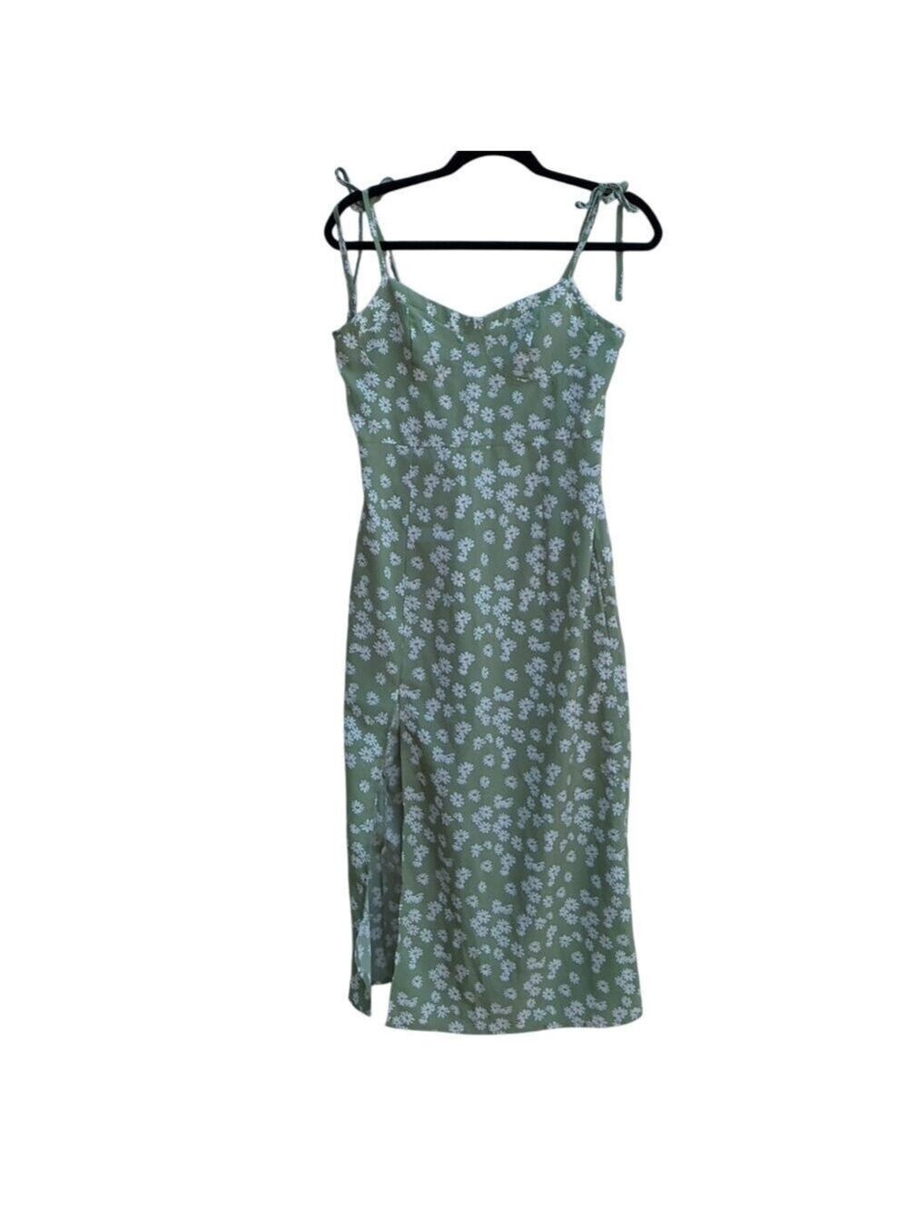 Green Floral Midi Dress Cottagecore Sundress Summer‎ Spaghetti Strap Slit - Picture 3 of 12